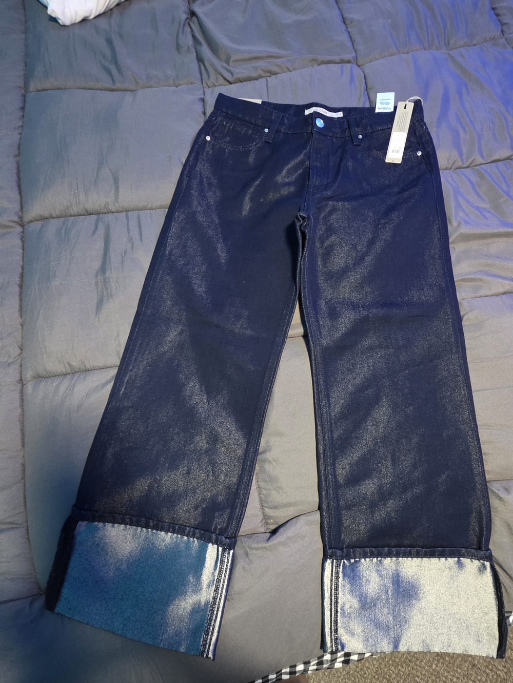 Hudson Dark Wash Coated Wide-Leg Jeans with Cuffed Hem
